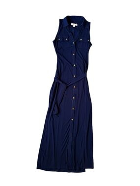 Michael Kors Sleeveless Navy Button-Front Maxi Dress with Tie Belt